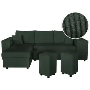 LOUNGITUDE Canapé d'angle MADY convertible avec coffre, rangement poufs à droite en velours côtelé vert foncé pas cher