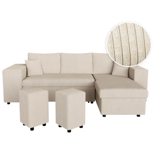 LOUNGITUDE Canapé d'angle MADY convertible avec coffre, rangement poufs à gauche en velours côtelé beige pas cher