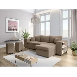 LOUNGITUDE Canapé d'angle MADY convertible avec coffre, rangement poufs à gauche en velours côtelé taupe pas cher