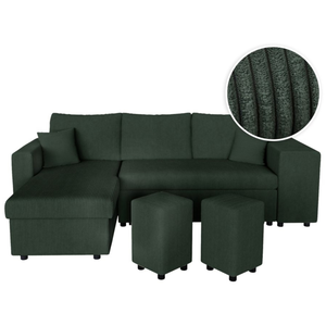 LOUNGITUDE Canapé d'angle réversible convertible OSLO avec coffre, 2 poufs à droite en velours côtelé vert pas cher