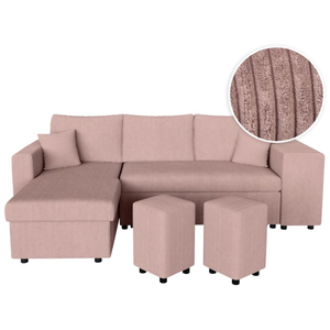 LOUNGITUDE Canapé d'angle réversible convertible OSLO avec coffre, 2 poufs à droite en velours côtelé rose pas cher
