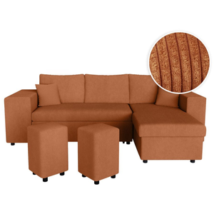 LOUNGITUDE Canapé d'angle MADY convertible avec coffre, rangement poufs à gauche en velours côtelé terracotta pas cher