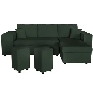 LOUNGITUDE Canapé d'angle MADY convertible avec coffre, rangement poufs à gauche en velours côtelé vert foncé pas cher