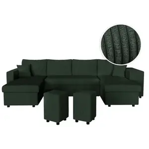 LOUNGITUDE Canapé panoramique OSLO convertible avec 2 coffres, 2 poufs à droite en velours côtelé vert foncé pas cher