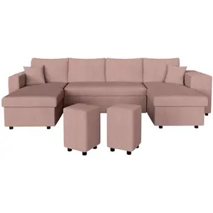 LOUNGITUDE Canapé panoramique OSLO convertible avec 2 coffres, 2 poufs à droite en velours côtelé rose pas cher