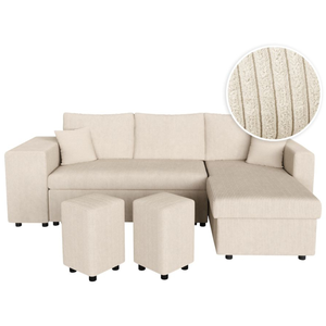 LOUNGITUDE Canapé d'angle réversible convertible OSLO avec coffre, 2 poufs à gauche en velours côtelé beige pas cher