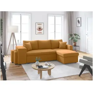 LOUNGITUDE Canapé d'angle réversible convertible OSLO avec coffre, 2 poufs à gauche en velours côtelé jaune pas cher
