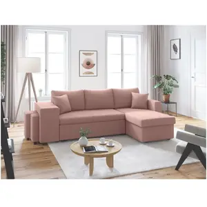 LOUNGITUDE Canapé d'angle réversible convertible OSLO avec coffre, 2 poufs à gauche en velours côtelé rose pas cher