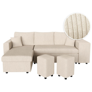 LOUNGITUDE Canapé d'angle réversible convertible OSLO avec coffre, 2 poufs à droite en velours côtelé beige pas cher