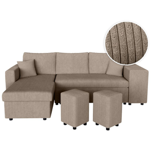 LOUNGITUDE Canapé d'angle réversible convertible OSLO avec coffre, 2 poufs à droite en velours côtelé taupe pas cher