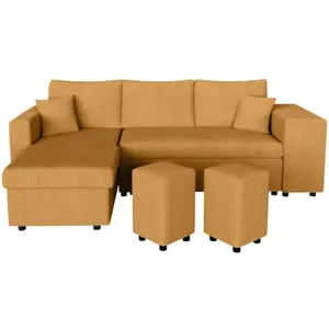 LOUNGITUDE Canapé d'angle réversible convertible OSLO avec coffre, 2 poufs à droite en velours côtelé jaune pas cher