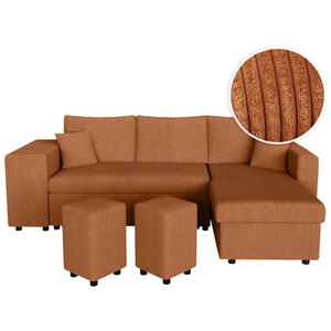 LOUNGITUDE Canapé d'angle réversible convertible OSLO avec coffre 2 poufs à gauche en velours côtelé terracotta pas cher
