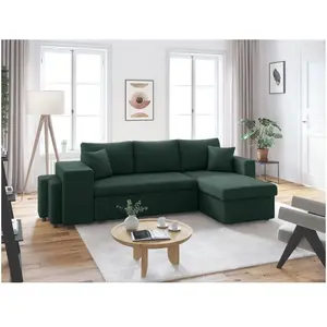 LOUNGITUDE Canapé d'angle réversible convertible OSLO avec coffre, 2 poufs à gauche en velours côtelé vert pas cher
