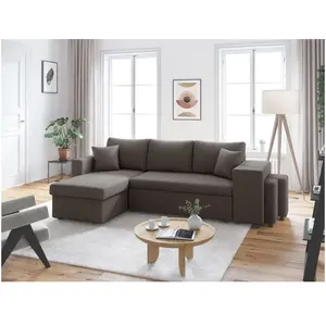 LOUNGITUDE Canapé d'angle réversible convertible OSLO avec coffre 2 poufs à droite en velours côtelé gris foncé pas cher