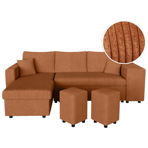 LOUNGITUDE Canapé d'angle réversible convertible OSLO avec coffre 2 poufs à droite en velours côtelé terracotta pas cher