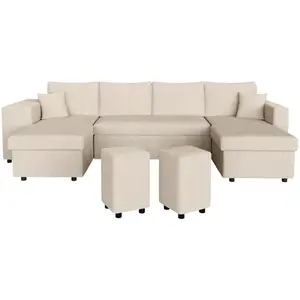 LOUNGITUDE Canapé panoramique OSLO convertible avec 2 coffres, 2 poufs à gauche en velours côtelé beige pas cher