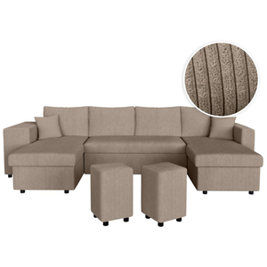 LOUNGITUDE Canapé panoramique OSLO convertible avec 2 coffres, 2 poufs à gauche en velours côtelé taupe pas cher