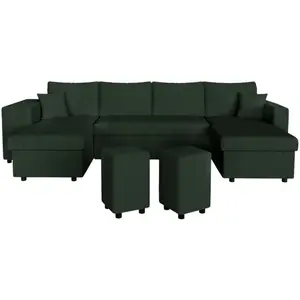 LOUNGITUDE Canapé panoramique OSLO convertible avec 2 coffres, 2 poufs à gauche en velours côtelé vert foncé pas cher