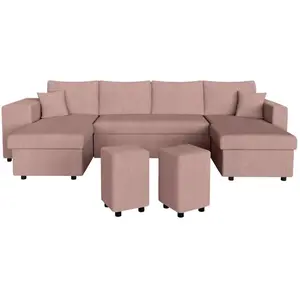 LOUNGITUDE Canapé panoramique OSLO convertible avec 2 coffres, 2 poufs à gauche en velours côtelé rose pas cher