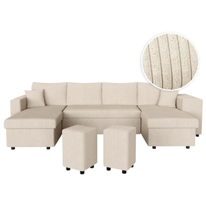 LOUNGITUDE Canapé panoramique OSLO convertible avec 2 coffres, 2 poufs à droite en velours côtelé beige pas cher