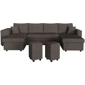 LOUNGITUDE Canapé panoramique OSLO convertible avec 2 coffres, 2 poufs à gauche en velours côtelé gris foncé pas cher