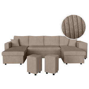 LOUNGITUDE Canapé panoramique OSLO convertible avec 2 coffres, 2 poufs à droite en velours côtelé taupe pas cher