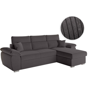 LOUNGITUDE Canapé KOMECO d'angle reversible convertible avec coffre et têtières en velours côtelé - Gris