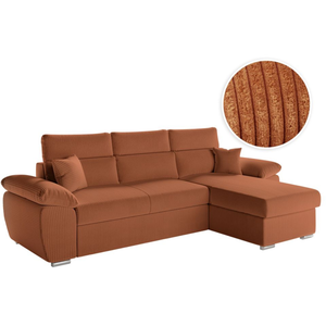 LOUNGITUDE Canapé KOMECO d'angle reversible convertible avec coffre et têtières en velours côtelé - Terracotta pas cher