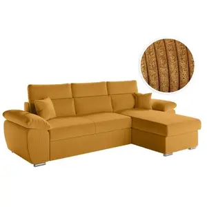 LOUNGITUDE Canapé KOMECO d'angle reversible convertible avec coffre et têtières en velours côtelé - Jaune pas cher