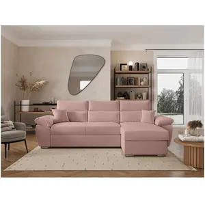 LOUNGITUDE Canapé KOMECO d'angle reversible convertible avec coffre et têtières en velours côtelé - Rose pas cher