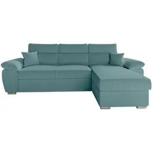 LOUNGITUDE Canapé KOMECO d'angle reversible convertible avec coffre et têtières en velours côtelé - Bleu clair pas cher
