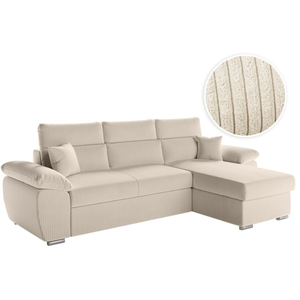 LOUNGITUDE Canapé KOMECO d'angle reversible convertible avec coffre et têtières en velours côtelé - BeigeVendu parcdiscount