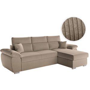 LOUNGITUDE Canapé KOMECO d'angle reversible convertible avec coffre et têtières en velours côtelé - Taupe pas cher