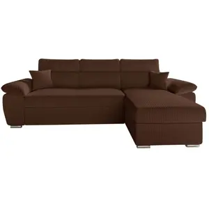 LOUNGITUDE Canapé KOMECO d'angle reversible convertible avec coffre et têtières en velours côtelé - Marron pas cher