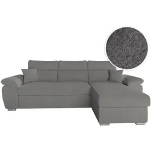 LOUNGITUDE Canapé KOMECO d'angle réversible convertible avec coffre et têtières réglables en tissu bouclette - Gris