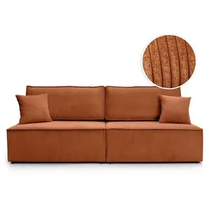 LOUNGITUDE Canapé convertible 3 places FIONA sans accoudoirs coffre de rangement velours côtelé - Terracotta pas cher