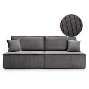 LOUNGITUDE Canapé convertible 3 places FIONA sans accoudoirs coffre de rangement velours côtelé - Gris foncé pas cher