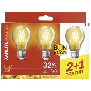 Lot de 3 Ampoules à filament led A60, culot E27, 340 lumens, conso. 4W éq. 32W, Blanc chaud - PACK21RFDE400GA - Xanlite pas cher