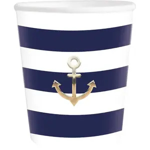 PARTYPRO - 8 geschulpte kartonnen maritieme bekers 200 ml met gouden anker pas cher