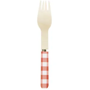 PARTYPRO Couverts jetables modele petit fouchettes en bois vichy - Rouge pas cher