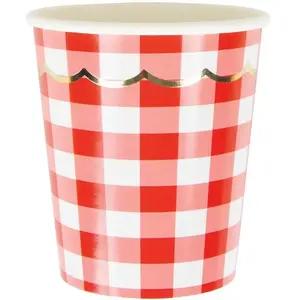 PARTYPRO - 8 festoenige kartonnen bekers rood-wit vichy 200 ml pas cher