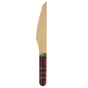 PARTYPRO - 8 kerst houten messen tartan 16 cm met gouden bies pas cher