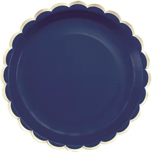 8 Assiettes en carton bleu marine et or 23 cm - Bleu foncé pas cher