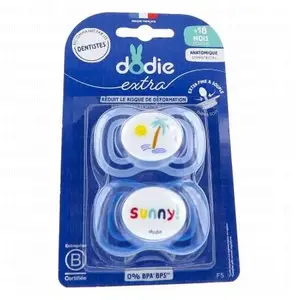 Dodie Sucette Anatomique +18 mois F5 Extra fine Coloris Bleu Lot de 2 coloris aléatoire pas cher