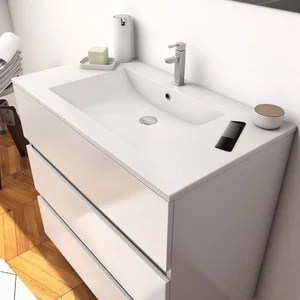 AURLANE Witte badkamermeubelset 80 cm op voet 3 lades + witte keramische wastafel + spiegel pas cher
