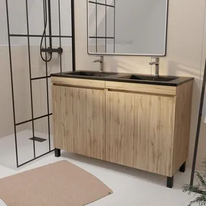 Comparateur de prix : AURLANE Meuble de salle de bains 120 cm 4 Portes Chêne Industriel + Vasque Double Céramique Noire - TIMBER