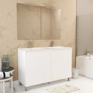 Comparateur de prix : AURLANE Meuble Salle de Bains 120 cm Laqué Blanc 4 Portes, Vasque, Miroirs 60x80 et Réglettes Led - XENOS