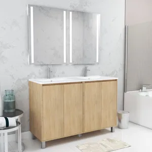Comparateur de prix : AURLANE Meuble Salle de Bains 120 cm Chêne Clair 4 Portes, Vasque, Miroirs 60x80 à Leds intégrées - XENOS