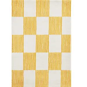 Tapis vintage - NAZAR RUGS - GROOVY - Jaune - 80x150 cm - Motif damier pas cher