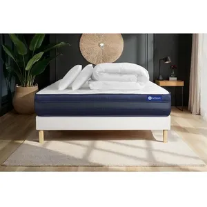 ACTISOM Ensemble sommier matelas 180x200 Actimemo tech Mémoire de forme - 24 cm - Très ferme - sommier kit Blanc + 2 oreillers + couette pas cher